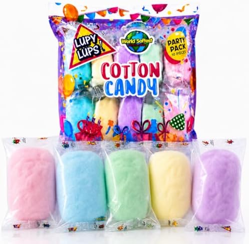 Cotton Candy Party Pack 10 Pz (5.3oz) - Assorted Colors and Flavors - Individually Wrapped Small bags – Perfect por Party Favors, Gifts and Candy Bowls (Blue Raspberry, Pink Strawberry, Purple Grape and Yellow Banana) LUPY LUPS!