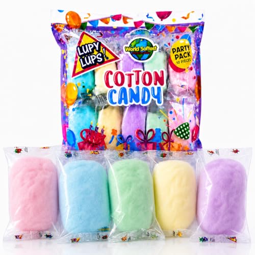 Cotton Candy Party Pack 10 Pz (5.3oz) - Assorted Colors and Flavors - Individually Wrapped Small bags – Perfect por Party Favors, Gifts and Candy Bowls (Blue Raspberry, Pink Strawberry, Purple Grape and Yellow Banana) LUPY LUPS!