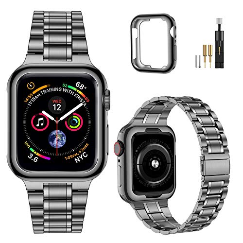 Image of MioHHR Solid Stainless Steel Bands Compatible with Apple Watch 38mm 40mm 41mm, Metal Strap with Soft TPU Case for iWatch Bands Series 9 8 7 6 5 4 3 2 1 SE SE2 SE3 Women and Men, Space Gray