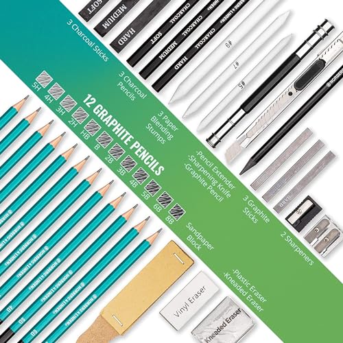 XL-Drawing-Set-Sketching-Graphite-and-Charcoal-Pencils-Includes-100-Page-Drawing-Pad-Kneaded-Eraser-Blending-Stump-Art-Kit-and-Supplies-for-Kids-Teens-and-Adults