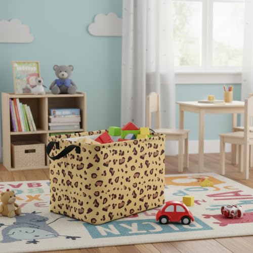 Image of Rectangular Cheetah Pattern Kids Basket Cute Storage Bin with Handles Room Decor (Khaki Leopard Print)