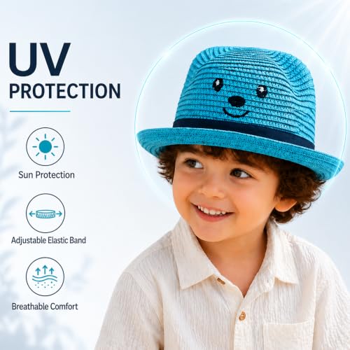 Image of VRITRAZ Kids Straw Hat for Baby Boys & Girls | Printed Summer Sun Hat, Woven Wide Brim Beach Cap, Lightweight Breathable Holiday Travel Picnic Outdoor Fancy Dress Fashion Hat for Children & Toddler
