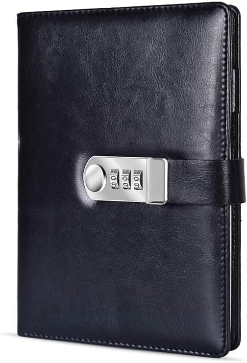GION Diary Notebook with Number Lock PU Leather Journal Regular Diary/Personal Organiser Memoir for Men and Women, Combination Lock Notebooks, Binder Dairy Book with Pen Holder for Personal Use (Black)
