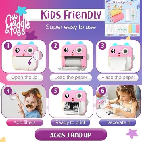 Image of CADDLE & TOES Instant Print Camera for Kids - 1080P HD, 48MP, SD Card, Bluetooth, Free App, 3 Rolls Print Paper, Stickers, Fun Filters, Gift for Kids (Pink with Printer ROLL Set)