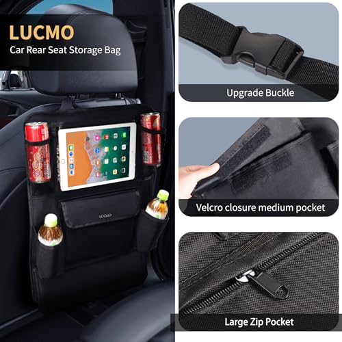 Image of LUCMO Car Backseat Organizer with Touch Screen Tablet Holder, Black | 9 Storage Pockets,Clear Tablet Holder,Protectors Kick Mats,Travel Accessories,Seat Cover,Road Trip Essentials