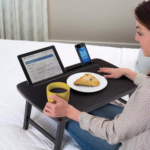 Image of VASIL MART A Versatile Laptop Table Or Lapdesk With A Spacious Working Area For Home That Is Made Of Solid Mango Wood And Is Adjustablefoldable, With Phone And Tablet Holder (Black, 60 Cm, 33 Cm)