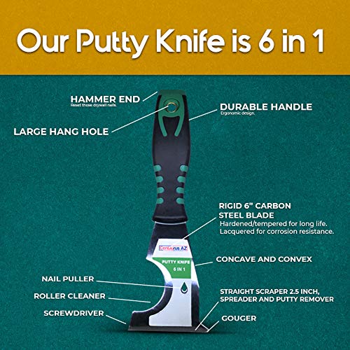 Centaurus AZ Putty Knife 6-in-1 Multi-tool Straight Scraper, Roller Cleaner, Gouger, Nail Puller, Can Opener, Screwdriver, Durable Handle with Hammer End, and Rigid Carbon Steel Blade, 2.5 Inch