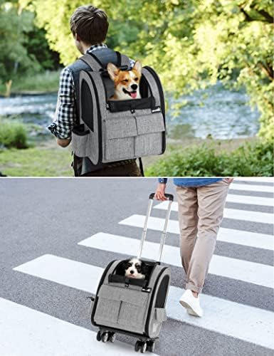 pecute Pet Trolley Backpack, Dog Rucksack Bag on Wheels, Multi-Function Rolling Carrier with Adjustable Height, Multi-Pockets Breathable Pet Travel Carrier for Cats & Dogs (Grey, M)