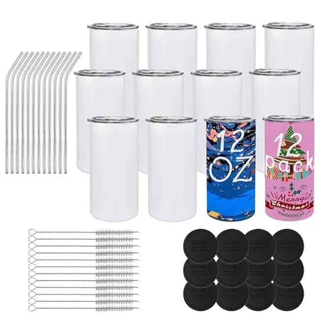 12 Pack 12oz Sublimation Tumblers Blanks, Insulated | Stainless Steel | Straight Skinny | with Lid and Straw | for Craft DIY | Water Bottle