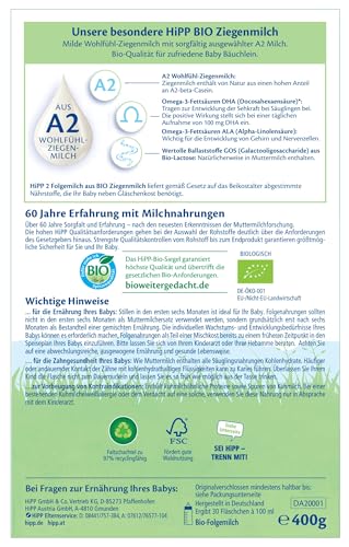 HiPP 2 Folgemilch aus Bio Ziegenmilch (5 x 400g), nach dem 6. Monat, mit GOS, Omega 3 & 6 und A2-beta-Casein, besonders leicht verdaulich