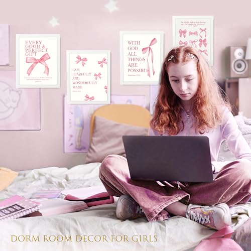 Image of LARTSFRO Coquette Pink Bow Wall Art Decor Posters, Pink Bow Room Bedroom Bathroom Dorm Wall Art Decor Aesthetic for College Teen Girls Gifts, Inspirational Bible Verses Bow Wall Decor, 10x8 Inch Set of 4 Pcs Bow Pictures (WHITE FRAMED)