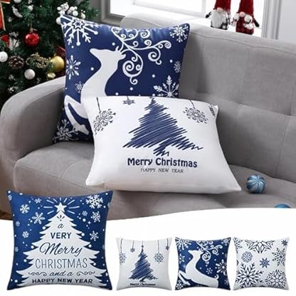 4 PCS Weihnachten Kissenbezüge Weihnachtskissenbezug Schlafzimmer Schneeflocken Rentier Dekokissen Weihnachten, Weihnachten Kissen Kissenhülle für Weihnachtsdeko Christmas Kissenhülle (Blue, One Size) – Bild 3