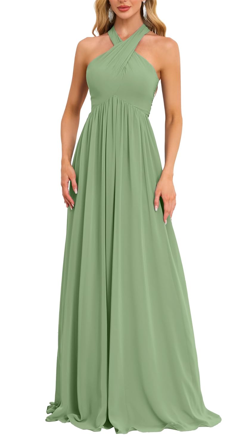 Hppee Women's Sage Green Halter Bridesmaid Dress For Wedding Corset A Line Chiffon Formal Evening Dresses Prom Gown Uk18