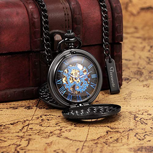 Treeweto Mechanical Personalized Engraved Pocket Watch Skeleton Double Cover Roman Numerals Dial Personalized Gift With Box And Chain For Men Gift For Dad Son #TOP3