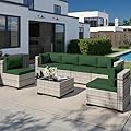 Muphyers 7-Piece Outdoor Patio Furniture Set, PE Wicker Rattan Sectional Sofa Conversation Set with Tempered Glass Table & Thick Cushions - All-Weather Garden, Backyard Furniture, Green