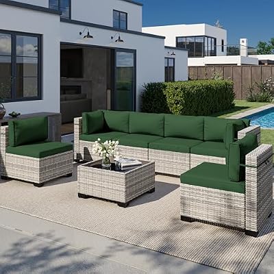 Muphyers 7-Piece Outdoor Patio Furniture Set, PE Wicker Rattan Sectional Sofa Conversation Set with Tempered Glass Table & Thick Cushions - All-Weather Garden, Backyard Furniture, Green