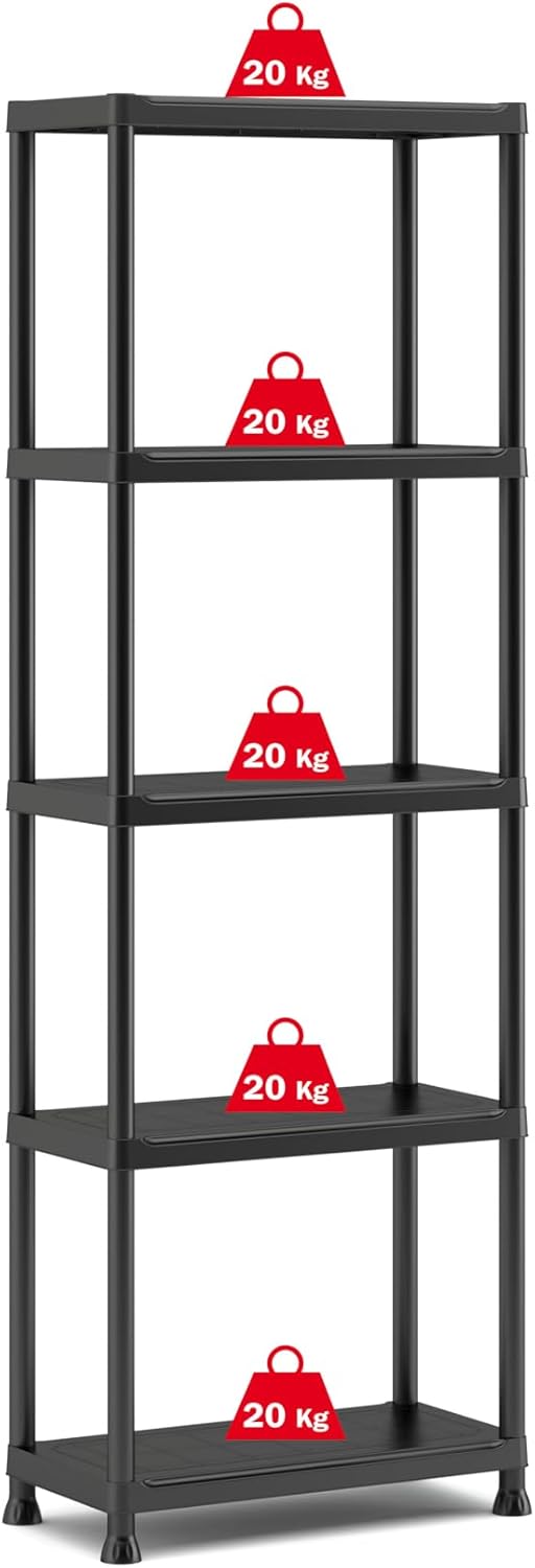 A Keter shelf unit with red 20 kg weight indicators on each of its five shelves, demonstrating the maximum load capacity.