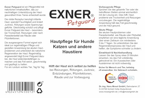 Exner Petguard Fellpflege für Hunde, Katzen & andere Haustiere - Mittel bei Juckreiz, Haarausfall, Entzündung, Parasiten, Räude, Milben & Pilzbefall - biologisch & natürlich - 100 ml Sprühflasche