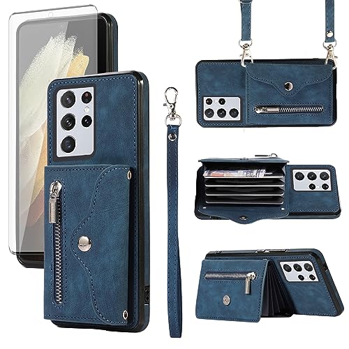 Étui Samsung S21 Ultra 5G bleu anti-chute avec dragonne de sécurité et étui portefeuille cuir