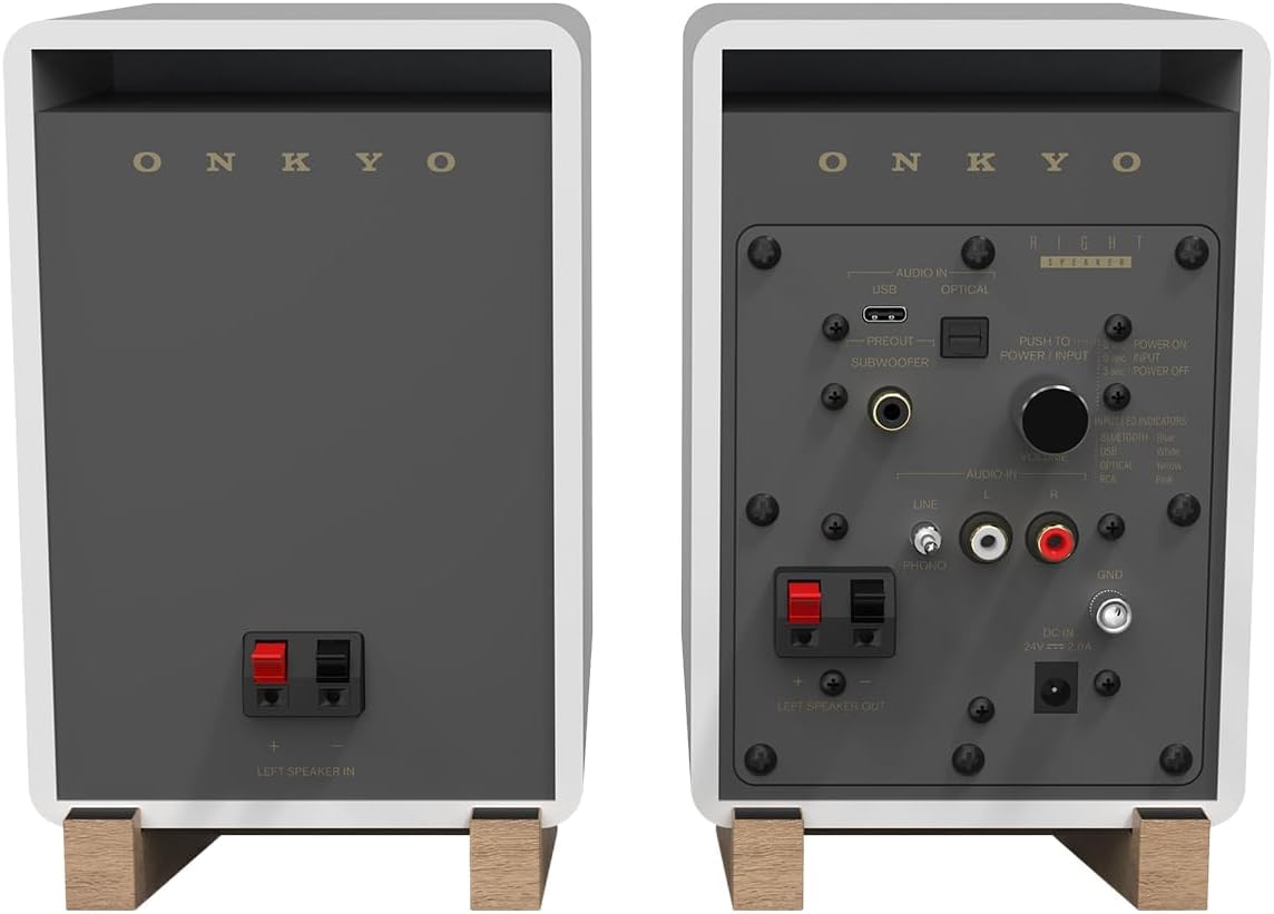 Onkyo GX-10DB Aktivlautsprecher mit USB-C, Weiß | Aktivlautsprecher mit 3-Zoll-Tieftöner, USB-C, Line/Phono, optischem Eingang, Sub-Out und Bluetooth 5.3 LE Audio.
