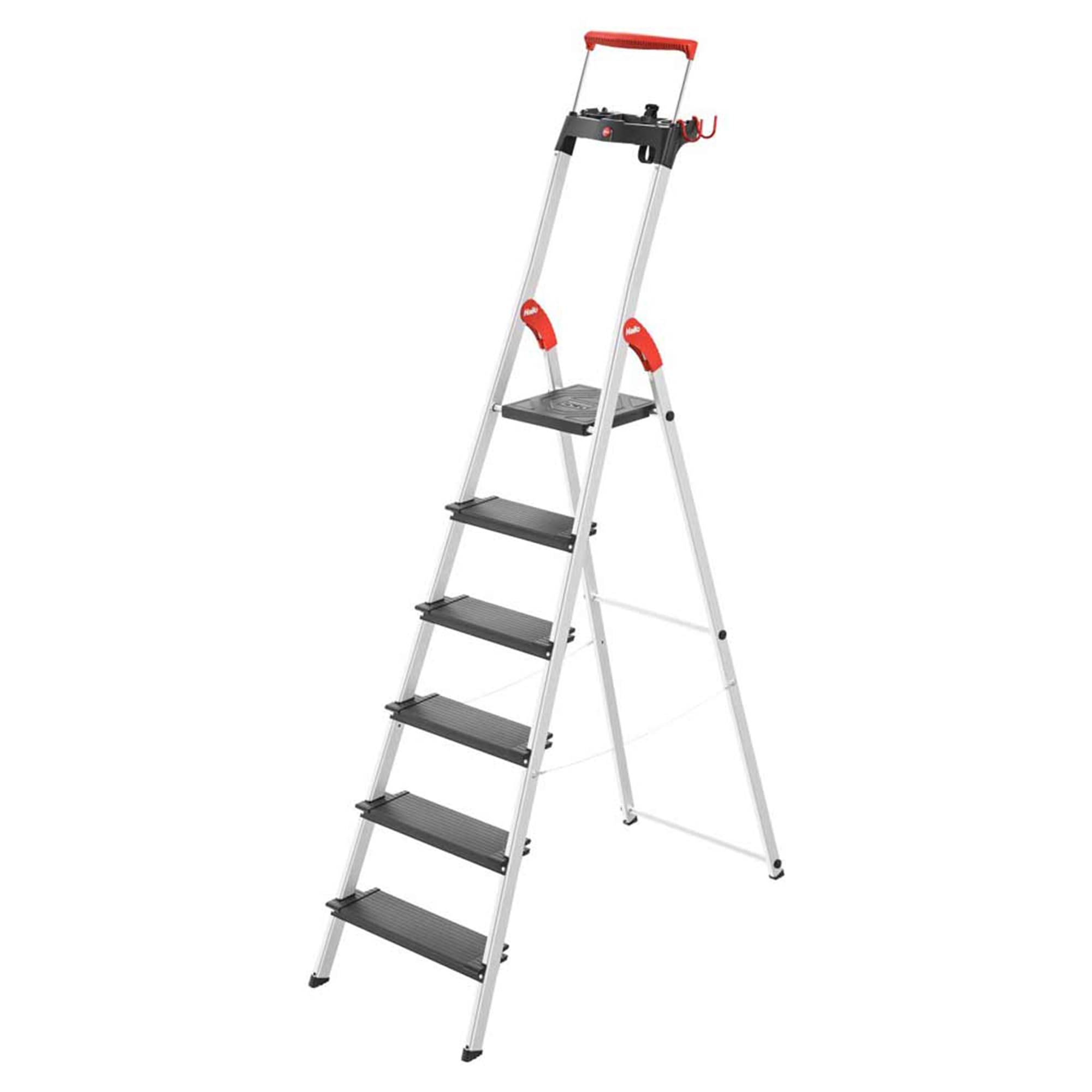 Hailo L100 Topline 6-Step Aluminum Step Ladder, 330 lb Load, 129.1" Height - Extendable Safety Bar, Locking Platform, Non-Slip Steps, Tool Tray, Bucket Strap & Hook, EasyClix-Ready