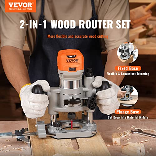Vevor Wood Router, 1.25Hp 800W, Compact Wood Trimmer Router Combo Tool With Plunge And Fixed Base, 30000Rpm 6 Variable Speeds, With 1/4'' & 5/16'' Collets Dust Hood, For Woodworking Slotting Trimming #TOP1