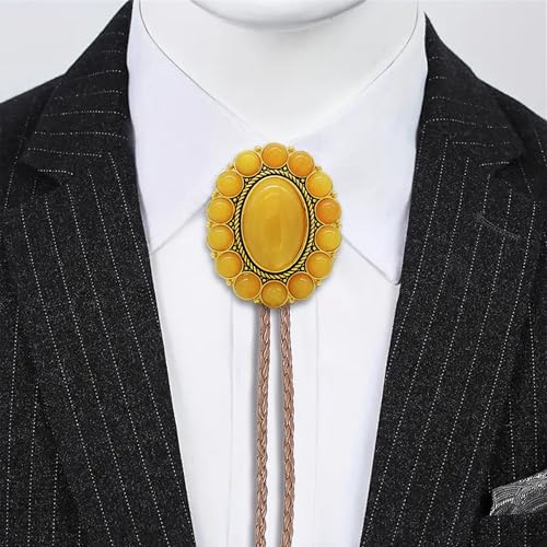 Image of GelConnie Gold Bolo Tie Necklace for Women Adjustable Big Stone Brown Cord | Yellow Oval Stone Bolo Tie Brown Leather Cord Southwestern Country Style Retro Costume Western Cowboy Necktie for Men Women