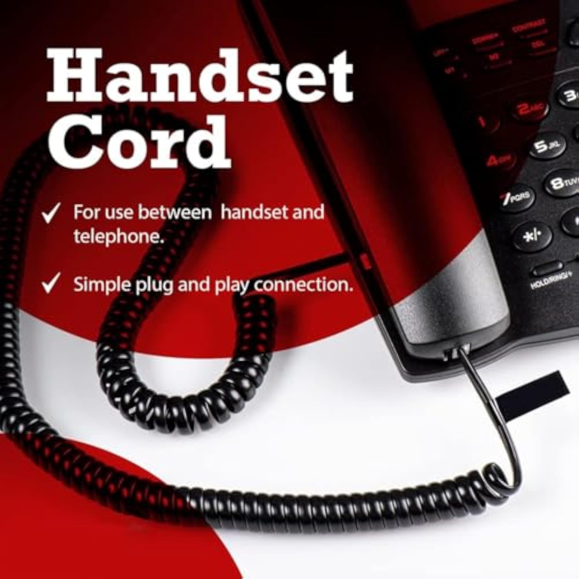 Telephone Handset Cord 9Ft Uncoiled, 1.5Ft Coiled