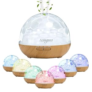 500ml Temgua essential oil diffuser with 1pure lavender oil, control remote 4 timer setting, auto shut-off, ultrasonic aromatherapy humidifier scented diffuser 2 mist time 7Colors change (Light wood)