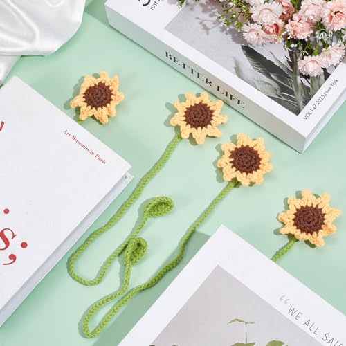 CRASPIRE 4Pcs Sunflower Bookmark Flowers Crochet Bookmark Floral Bookmarks Handmade Knitted Gifts Curtain Pendant Car Ornaments for Readers Book Lovers Writers Classmate Friend Gifts - Image 4
