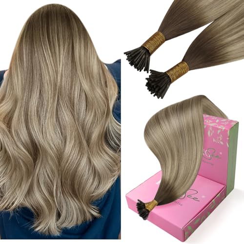 Image of YoungSee I Tip Hair Extensions Ombre Brown, Itip Hair Extensions, Ombre Dark Brown to Light Brown with Blonde, Hair Extensions Real Human Hair I Tip, 20 Inch 50 Strands 50g, for Wedding
