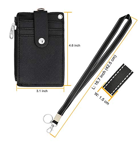 Image of 2 Pack ID Badge Holder with Lanyard,2 Sided 5 Card Slots ID Card Holder Wallet with PU Leather Zipper Pocket and Detachable Keychain Lanyard for Teens Men Women(Black)
