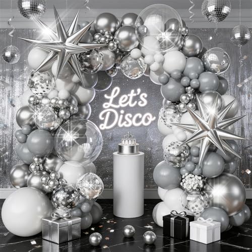 Image of White Silver Balloons Garland Arch Kit, 113pcs White Grey Clear Balloons, Confetti Silver Explosion Star 4D Foil Balloons for Disco Winter Wonderland Holiday Christmas Birthday Ice Snow Party Decor