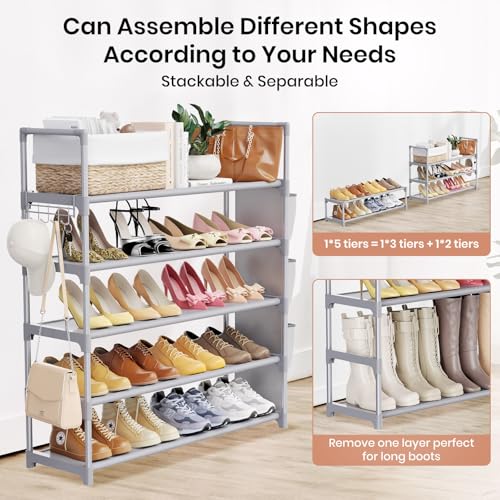 Image of VILICK Shoe Rack for Closet Shoe Organizer Space Saver Storage for 20-25 Pair Shoe Shelf with Hook and Side Pocket Free Standing 5 Tier Shoe Rack Organizer for Entryway,Small Spaces, Grey