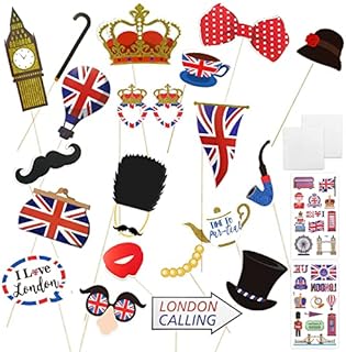 20pcs Photo Props, 2pcs Tattoo Stickers, Queen's Platinum Jubilee Photo Props, Fun British Party Props 2022, Queen's Party Jubilee Tattoo Stickers, British Selfie Props Party Decorations