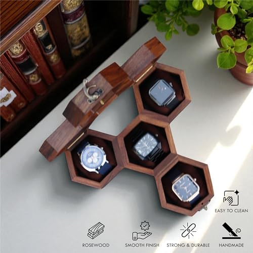 Image of Vintage Wooden Watch Box for Men, Timepiece Display Case, Honeycomb Watch Storage & Organizer, Jewlery Box for Women, Anniversary Gift For Husband (4 Compartments)
