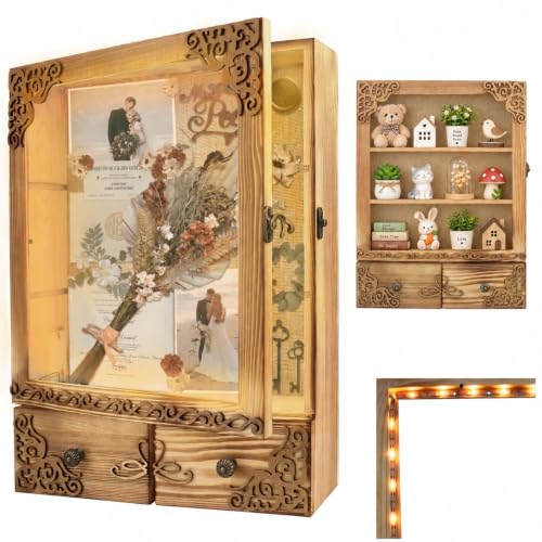 KWYADLUO 11x16 Shadow Box Frame with Light, Wedding Memorial Display Case with Shelves, Drawer and Slot for Keepsakes Large Deep Shadow Box for Flowers,Wedding Gift, Rustic Wood