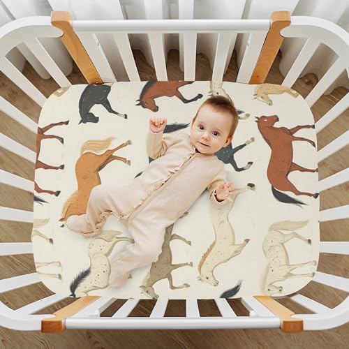 Image of Vintage Horse Crib Sheets Soft Breathable Fitted Baby Crib Sheets Mattress Cover for Girls Boys, 52 inch x 28 inch x 9 inch