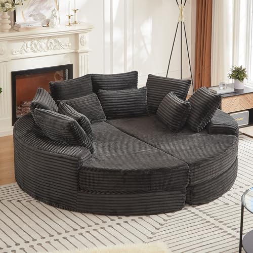 Image of 78'' Oversized Round Sleeper Sofa Bed, Convertible Circle Chaise Lounge Chair Indoor, Modern Fluffy Plush Corduroy Cloud Boneless Couch, Assembly Free, Comfy Bean Bag for Living Room, Black