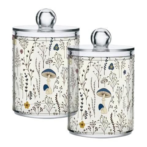 xigua Mushroom Qtip Holder with Lid,2Pack Clear Plastic Apothecary Jars Bathroom Storage Containers for Cotton Swab,Cotton Ball,Floss Picks,Tea,Coffee Cover