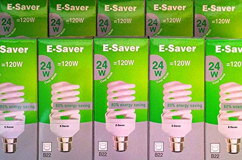 Image of E-Saver - CFL Full Spiral - Energy Saving Light Bulbs - 24w = 120 Watt - (Pack of 10) - 4200k Cool White Light Bulbs - Bayonet Light Bulb (BC- B22- B22d)
