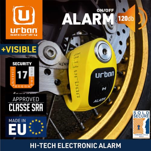 Image of Urban UR910Y Motorcycle Lock with /Without Alarm 120 dB, Yellow+Black Painted Stainless Steel +Deterrent, SRA & Sold Secure Gold Approved, Double Lock O10 mm, CR2 Battery, Wheel Disc Brake