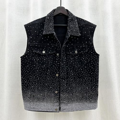 Mens Denim Vests Sleeveless Party Rhinestones Button Down Jean Vest Jackets2