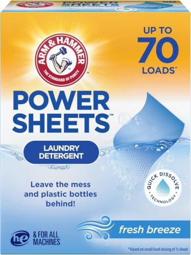 Image of ARM & HAMMER Power Sheets Laundry Detergent, Fresh Breeze Scent, No Mess, Lightweight and Travel-Friendly, 35 Count, Up to 70 Small Loads (Pack of 6)