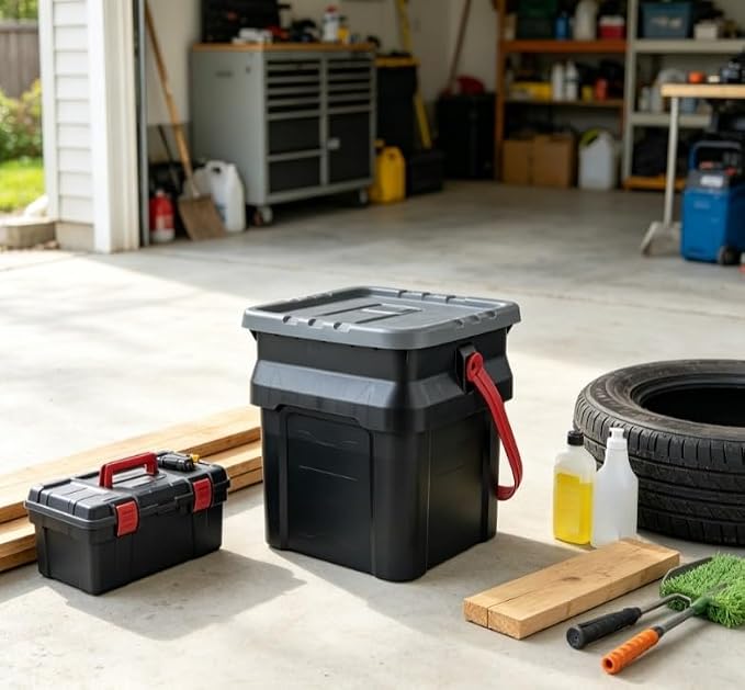 5 Gallon Black Heavy Duty Plastic Bucket Tote, Stackable Impact Resistant Storage Bin with Carry Handles, Durable Lightweight Container for Garage, Yard & Work-Site Organization