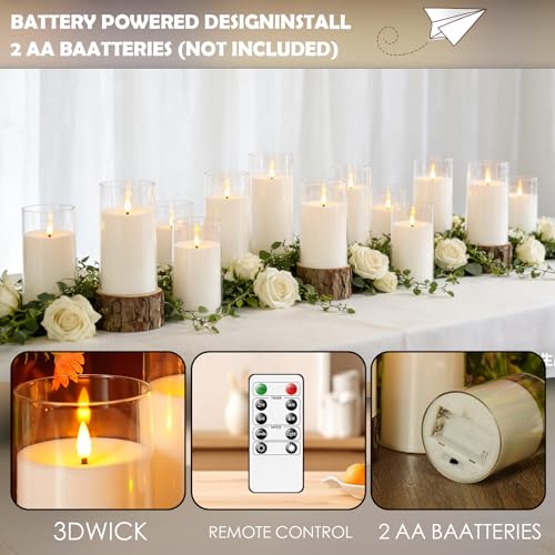 Image of kakoya Flickering Flameless Candles Battery Operated with Remote and 2 /4 /6 /8 H Timer Acrylic Led Pillar Candles Pack of 9 (D 3 inch xH 4 inch 5 inch 6 inch) with Realistic 3D Wick Candles for Home Decor(White)