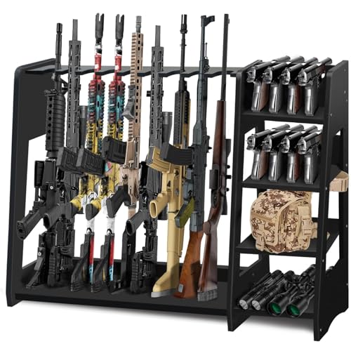 Salajory Indoor Gun Rack, Adjustable Wood Gun Rack with Pistol Rack, Floor Standing Shotgun Rack Gun Display Rack Rifle Storage for Garage Gun Storage - Holds 9 Long Guns and 8 Handguns
