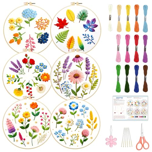 Image of BEUNITONE 6 Pack Beginner Embroidery Kit for Adults, Simple Floral Plants Pre-Stamped Pattern Starter Needlepoint Kits with Hoops & Instruction, Hand Embroidery Kits for Fabric and Home Decor 7.9x7.9
