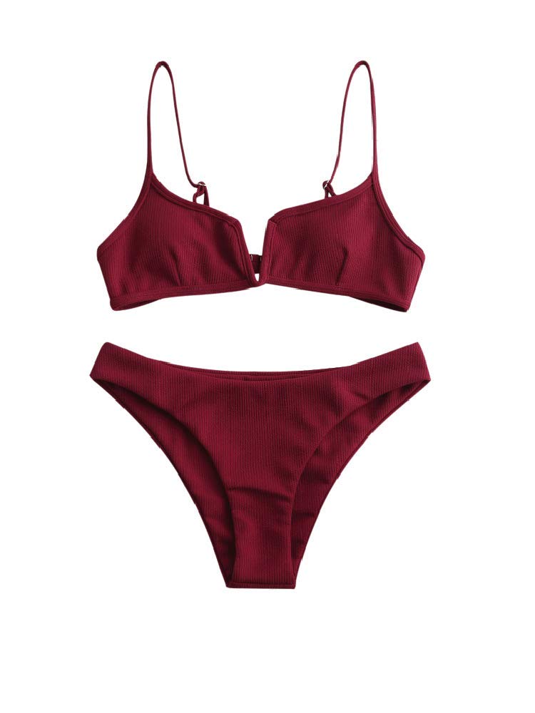 ZAFUL Set Bikini da Donna a V, Costume da Bagno in 2 Pezzi Tessuto a Costine Nodo Posteriore Singolo Colore