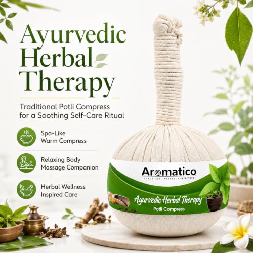Image of AROMATICO Ayurvedic Herbal Potli with 17 ancient herbs. Helps with Pain Relief, Post-Workout Recovery & Muscle Relaxation. For Men & Women. 200gm Pack of 2
